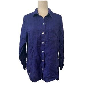 Chico's Design Sz 1 Women's Purple 100% LINEN Shirt Top Button Up Long Sleeve